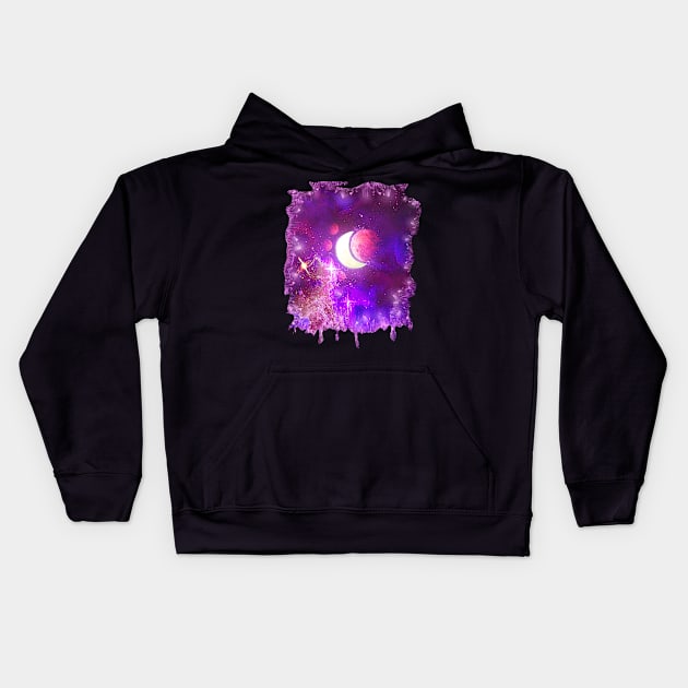 Magenta Witchy Magical Crescent Moon Galaxy Kids Hoodie by hybridgothica